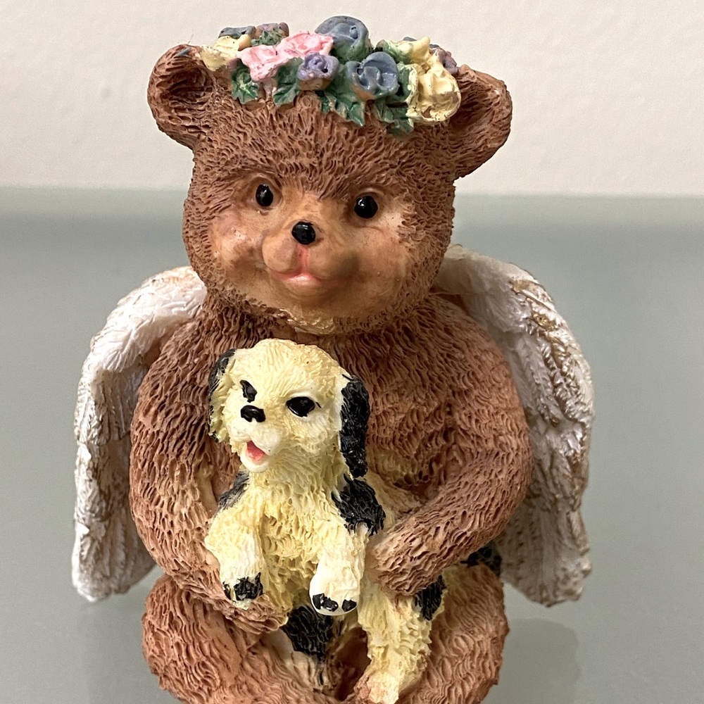 Ceramic Angel Teddy Bear Holding a Dog Figurine